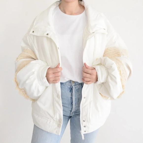 Free People FP Movement Solstice Bomber Cream Crochet Trim Lace Jacket Boho L - Picture 2 of 15